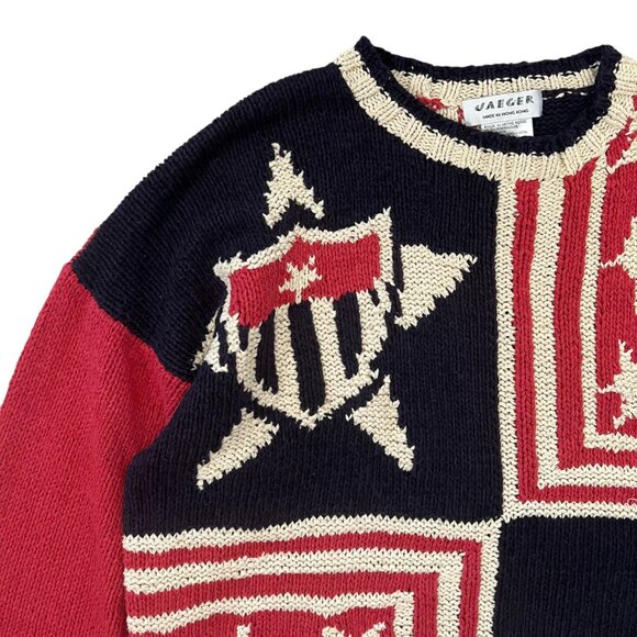 Vintage Jaeger Hand Knit Silk Blend Oversized Stars Stripes Flag Sweater Medium - Picture 3 of 11